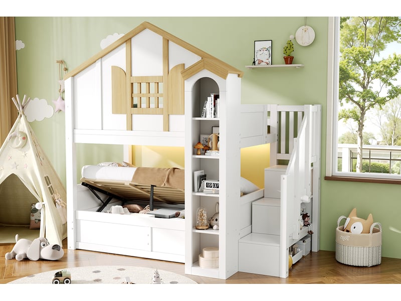 Lit superposé 90x200+90x200 cm en bois massif, led, escalier rangement, lit cabane, blancnaturel - Conforama B