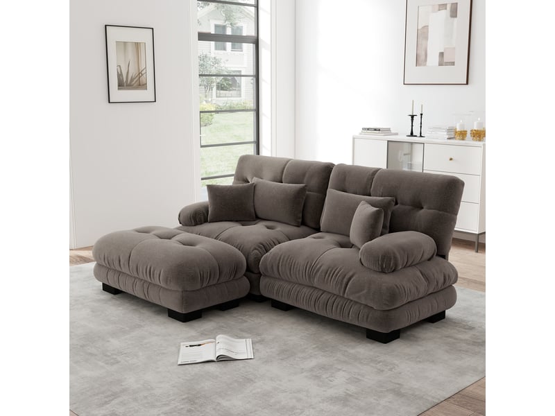 Canapé modulaire en l avec coussins lombaires et ottomans, tissu chenille marron pour salon et bureau - Conforama D