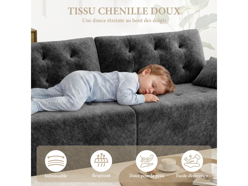 Canapé compressé modulable style nuage scandinave 275cm gris en chenille,mousse compressée haute densité,canapé doux pour salon 275x102x66CM - Conforama D