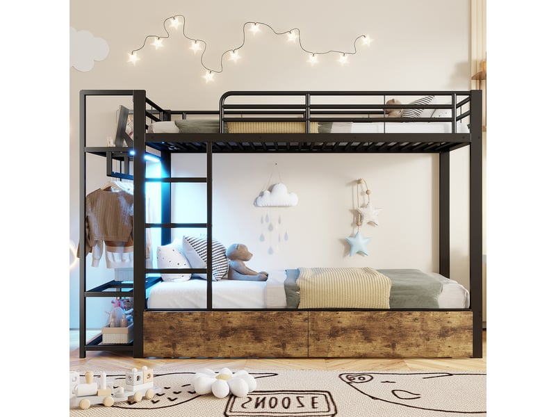 Lit superposé avec 2 tiroirs, étagères, led et penderie, métal noir, 90x200 cm, sans matelas - Conforama B