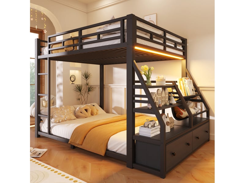  Lit superposé 140x200 cm led, 2 tiroirs tissu, rangement, métal, garde-corps sécurisé, noir, sans matelas  - Conforama B