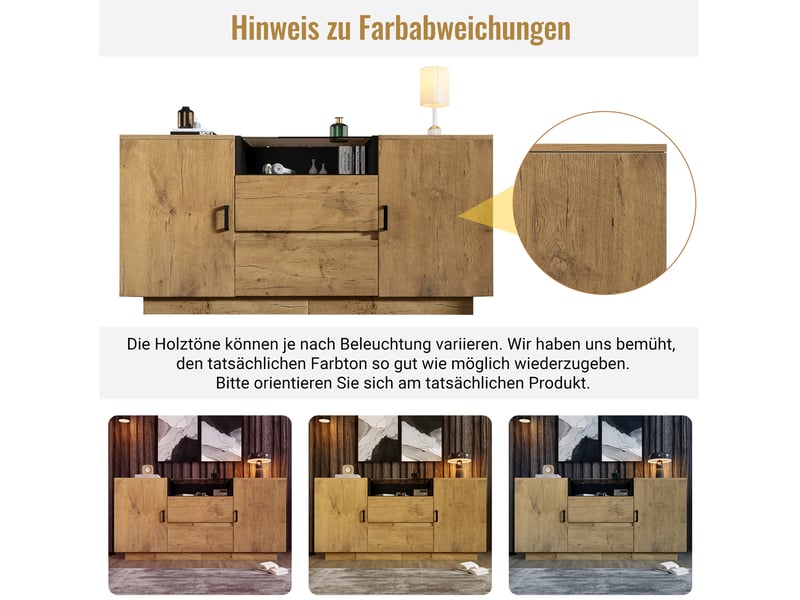 Buffet bas chêne clair avec 2 tiroirs, 2 placards et niche ouverte – 140 x 40 x 70 cm - Conforama E