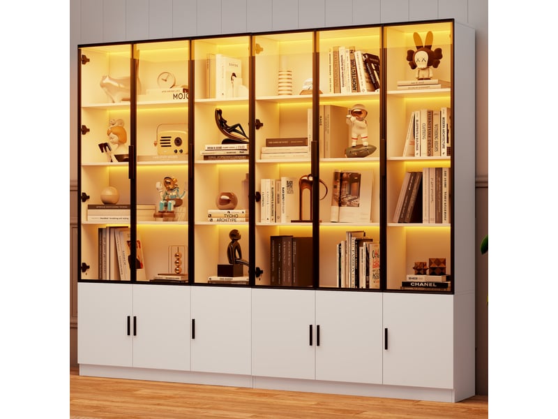 Vitrine haute tcqpz 240 x 32 x 200 cm 12 portes en verre led contrôlable par application mdf blanc - Conforama B