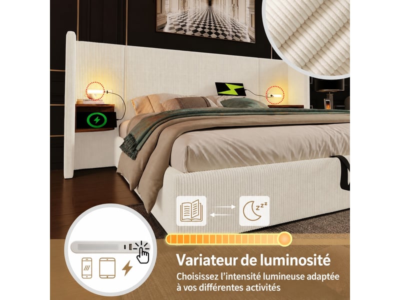  Lit coffre 180x200 en velours côtelé beige avec liseuses, usb et usb-c  - Conforama E