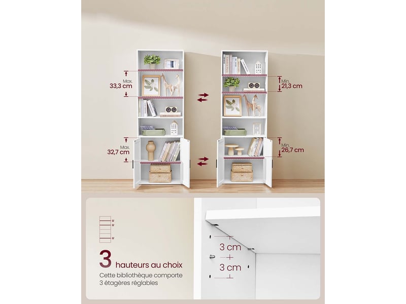 Bibliothèque étagère haute sur 6 niveaux avec porte meuble de rangement ouvert 24 x 60 x 175 cm pour salon bureau salle à manger blanc 12_0005285  - Conforama B