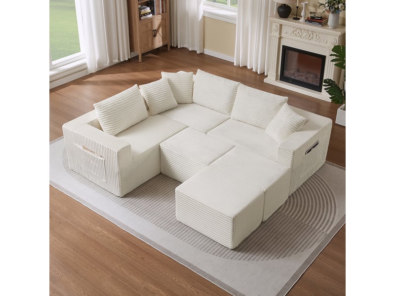 Canapé modulable 6 places en velours côtelé beige, assise souple et composition flexible IKSETERA TRADING LTD - Conforama D