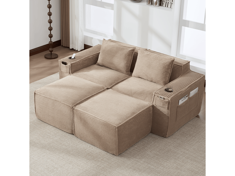  Canapé 2 places avec 2 poufs en velours côtelé kaki 188x162x75 cm  - Conforama W