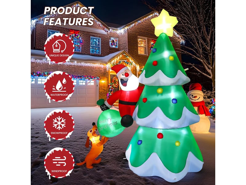 Père noël gonflable 1,8 m escaladant un sapin avec chien et sac cadeau, led, décoration de noël - Conforama C