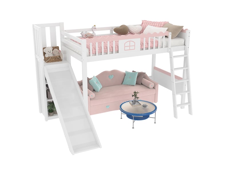  Lit surélevé 90x200cm blanc, led, toboggan, trois étagères, structure en pin, certifié en747, sans matelas  - Conforama A