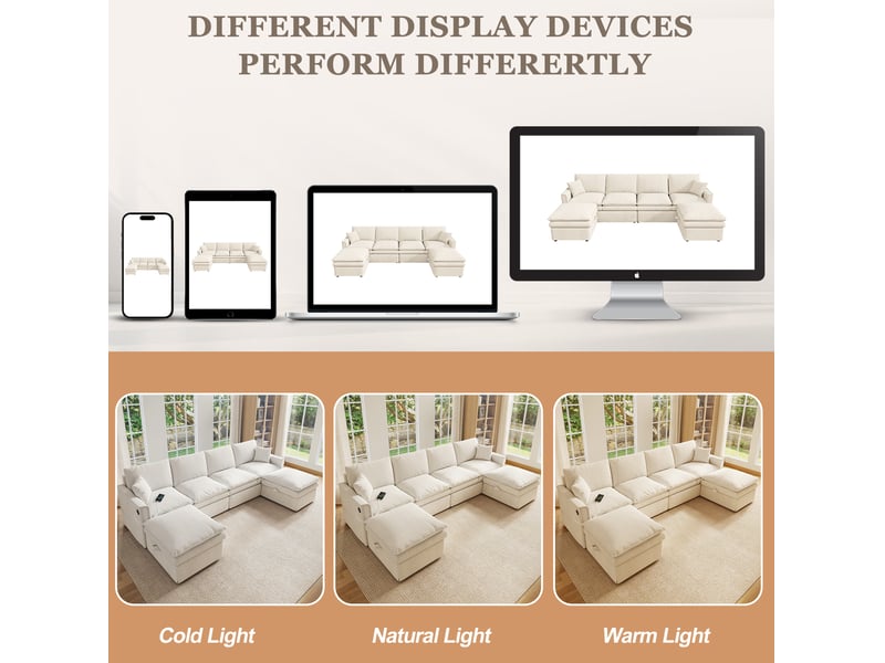  Canapé panoramique modulable 6 places en u ou l avec 2 poufs de rangement, ports usb et usb-c, coton-lin beige, 277 × 135 × 80 cm  - Conforama E