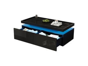 Table basse led noire 95x45x35 cm – 2 tiroirs, finition haute brillance, design géométrique minimaliste – meuble salon