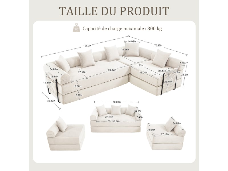 Canapé d'angle 4 places moderne 270x180x64 cm, modulable à volonté, poches, rangement, velours côtelé beige - Conforama C