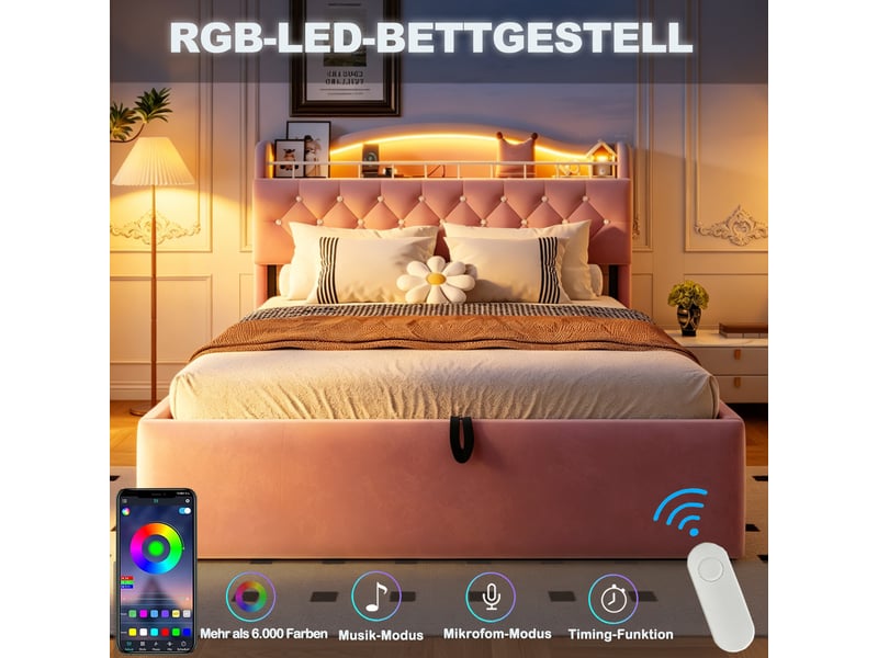  Lit coffre 180x200 cm, lit double, rangement hydraulique, led, usb et usb-c, velours rose  - Conforama E