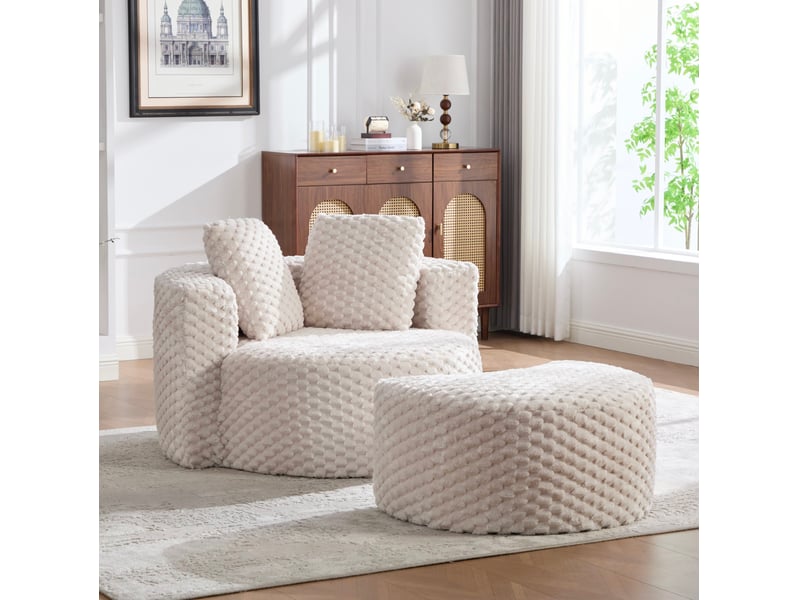  Fauteuil en mousse ulevr avec repose-pieds, tissu effet fourrure beige, 1 place, 130 x 115 x 84 cm, livré compressé sans montage  - Conforama D