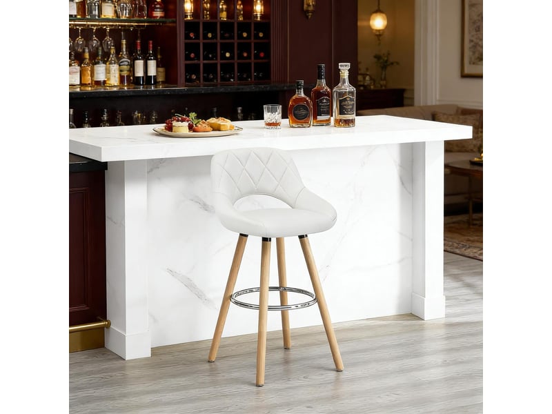  Tabouret de bar ergonomique 43x40x96cm - assise rembourrée en tissu effet cuir - pieds en bois massif avec repose-pieds - blanc  - Conforama B