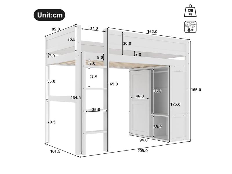  Lit mezzanine 90*200cm avec penderie, rangements, espace ouvert dessous, sans matelas, pin, blanc  - Conforama B