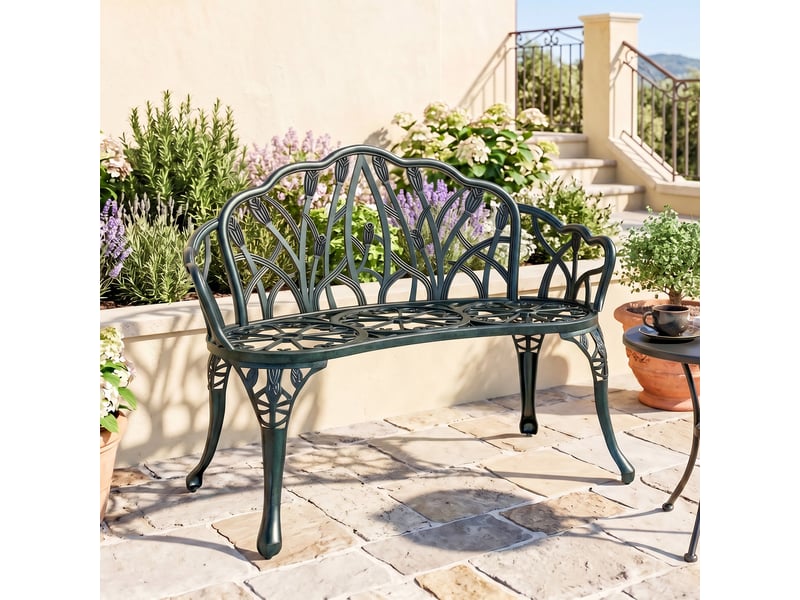  Banc de jardin en aluminium moulé, banc extérieur 2 places avec dossier tulipe, assise florale, 99x57x78cm, vert antique  - Conforama D