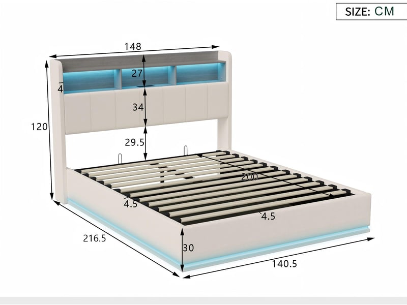  Lit coffre 140x200 cm - led intégrée - tête de lit avec rangement - ports usb + type-c - velours  - Conforama C