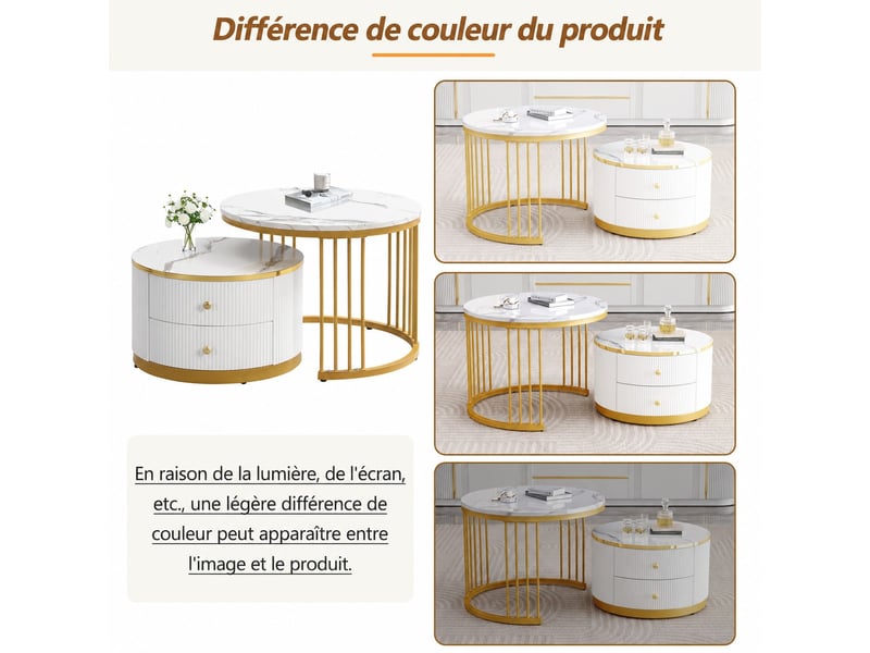  Lot de 2 tables basses gigognes rondes 60 et 50 cm, 2 tiroirs, effet marbre brillant, salon, blanc  - Conforama E