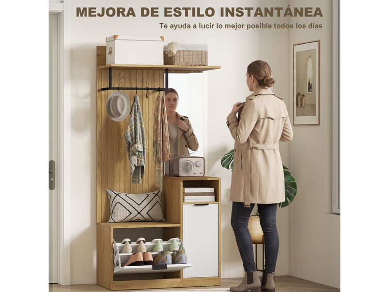  Vestiaire d'entrée avec meuble à chaussures, miroir et 4 crochets, 80x36x168 cm, chêne  - Conforama E