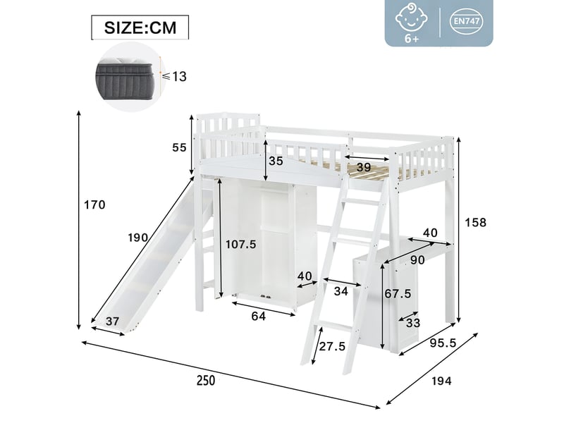  Lit superposé 90x200 cm - lit enfant avec armoire et étagère - protection et toboggan - bois - blanc  - Conforama C