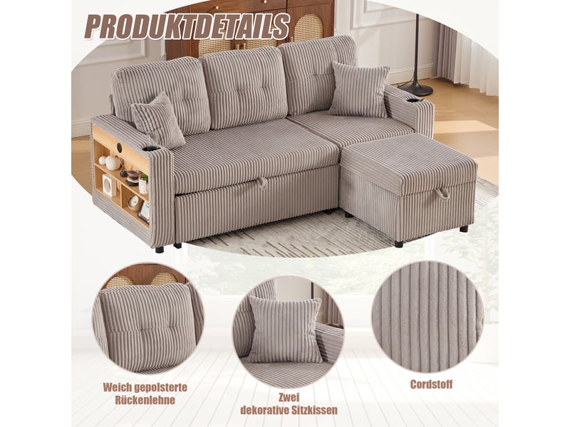  Canapé de salon, canapé velours – en velours tricoté, avec rangement, porte-gobelets, avec accoudoirs, lit gigogne, port usb  - Conforama E