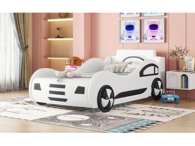  Lit voiture avec rangement 90 × 200 cm, pu et mdf, sommier relevable hydraulique, sans matelas, blanc et gris, 219 cm  - Conforama B