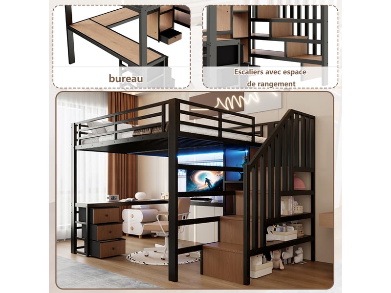  Lit mezzanine enfant 140x200 cm avec bureau, 4 tiroirs, escalier de rangement et éclairage led, cadre métal noir  - Conforama E
