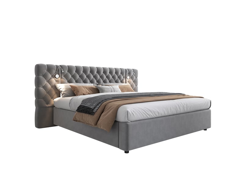  Lit coffre 160 x 200 cm gris en velours avec éclairage led et sommier à lattes  - Conforama A