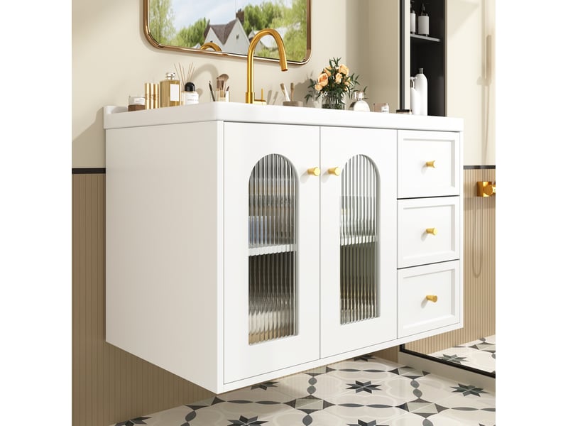  Meuble rangement suspendu 80 cm vasque ceramique blanc verre ondule salle de bain homvra  - Conforama C