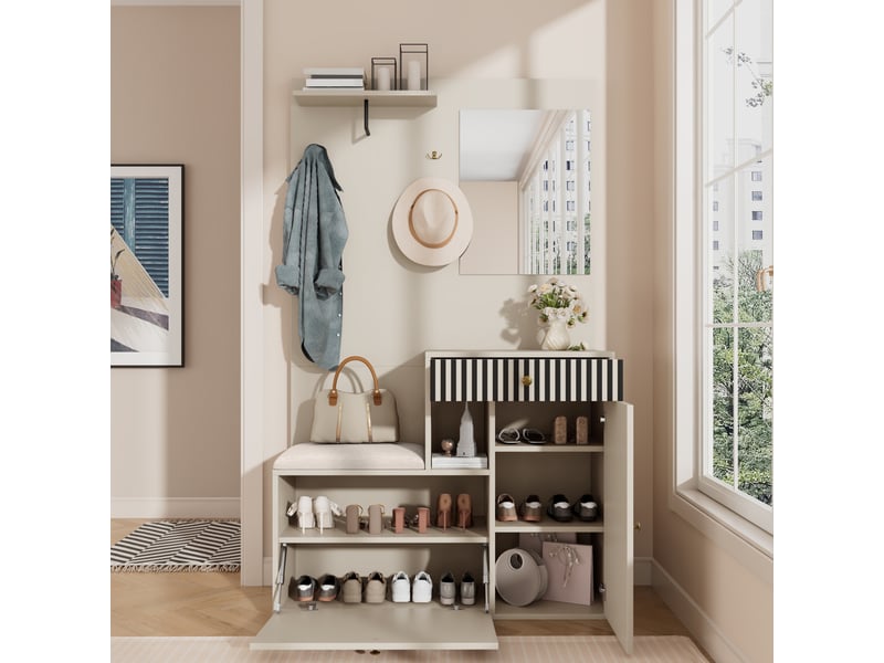  Portemanteau avec banc et rangement 110 x 185,5 cm en mdf beige  - Conforama E