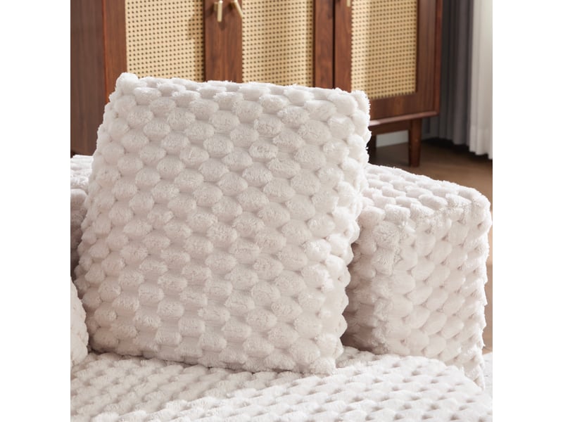Fauteuil avec pouf en mousse à dossier enveloppant - assise ergonomique sans montage, tissu effet fourrure beige - Conforama E