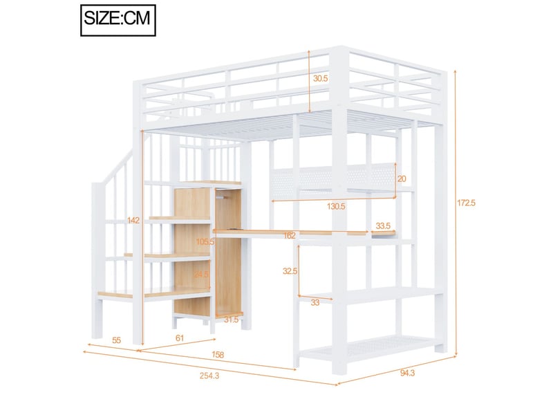  Lit mezzanine avec bureau 90 x 200 cm bureau long intégré panneau perforé long prises européennes éclairage led rangements à plusieurs niveaux garde-corps haut structure en métal blanc  - Conforama C