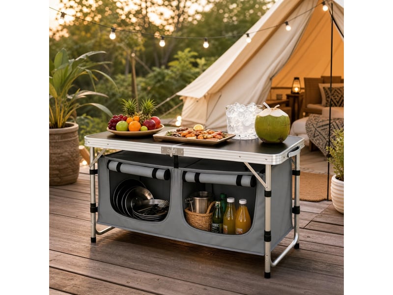  Table de jardin bistrot pliante avec sac suspendu et pieds réglables pour camping, en aluminium et mdf, noir et gris  - Conforama D