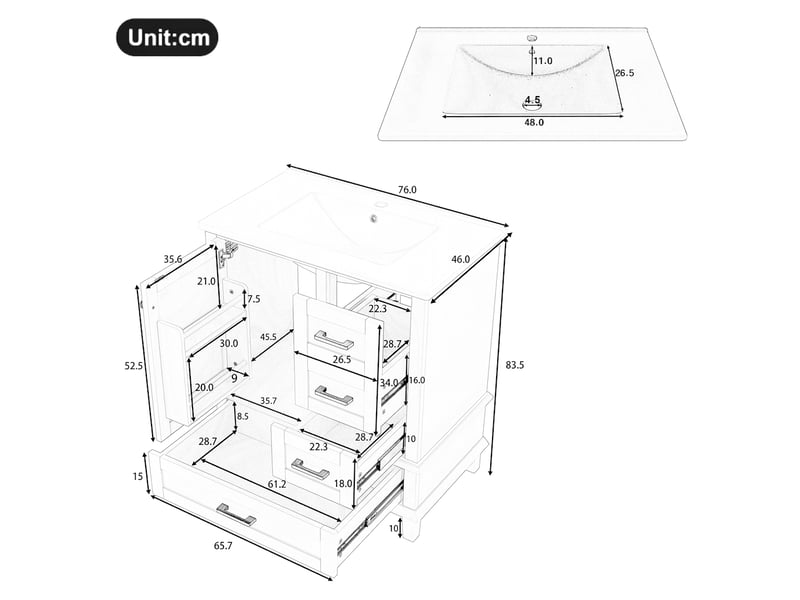  Meuble vasque noir 76 cm avec vasque en céramique intégrée, 3 tiroirs et 1 porte  - Conforama C