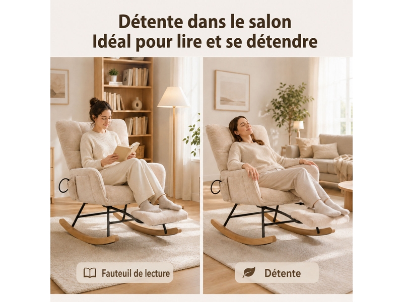  Chaise à bascule ergonomique en tissu chenille beige avec repose‑pieds rétractable, poche de rangement, structure métal et bois massif, charge 120 kg  - Conforama D