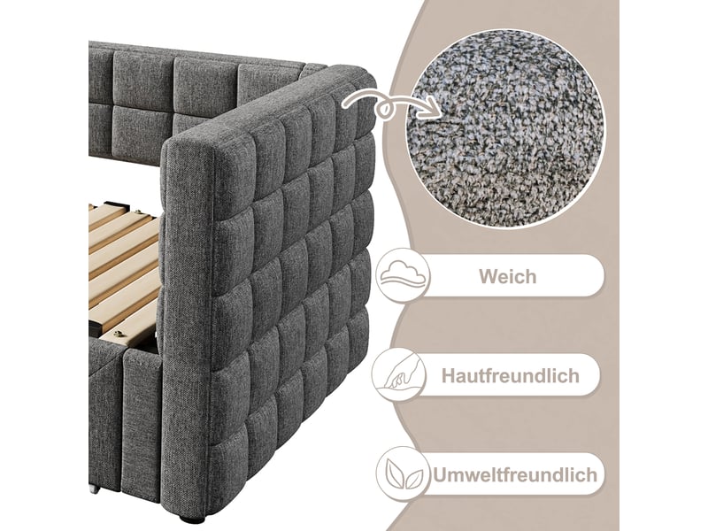  Lit banquette 90x200 extensible 180 velours gris avec 2 tiroirs  - Conforama E