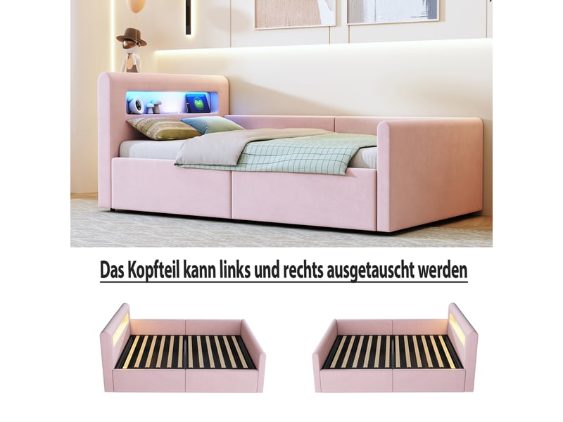  Lit enfant capitonné 90x200 cm en velours rose, led, usb et coffre hydraulique, avec étagère  - Conforama E