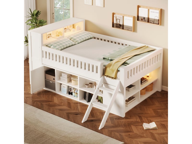 Lit mi-hauteur enfant 140x200 cm en bois avec led, échelle et rangements, lit multifonction avec étagères et armoire - blanc - Conforama D