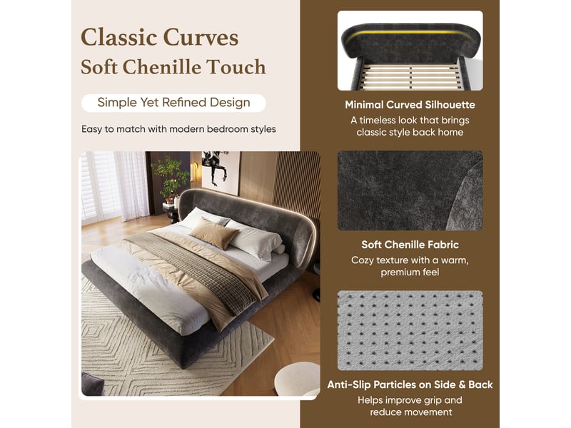  Lit double 140×200 cm cadre rembourré, tête de lit et coins arrondis  - sans matelas chenille gris  - Conforama E