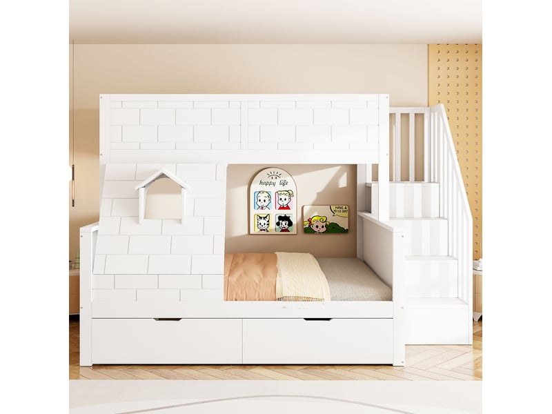  Lit superposé enfant 90x200 cm et 140x200 cm avec escalier de rangement blanc  - Conforama E