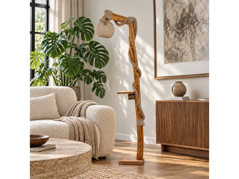  Lampadaire design en bois naturel, corde et abat-jour en jute sandra  - Conforama E