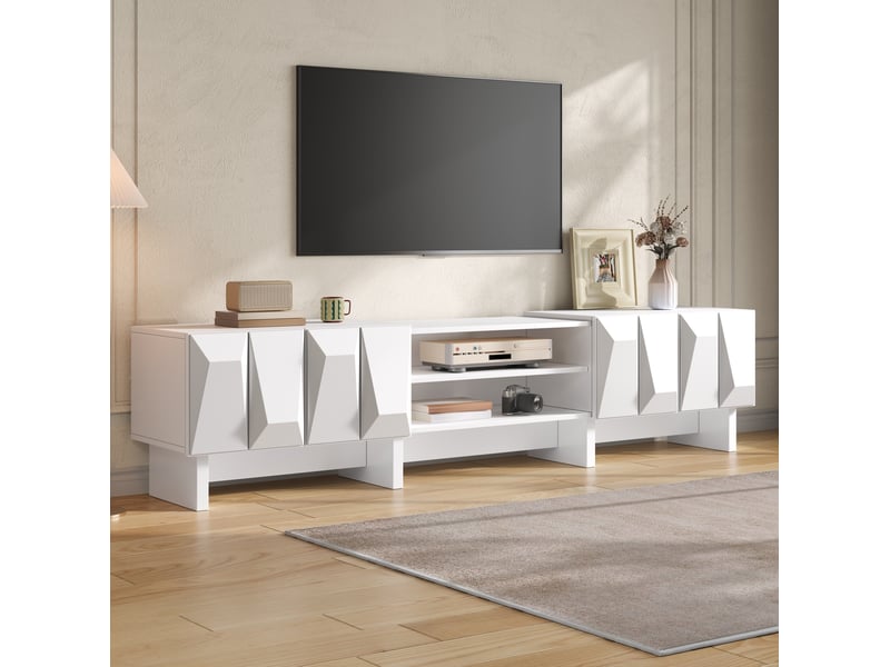  Meuble tv 180x34x44,5 cm – blanc – rangement fermé, niches ouvertes, passe-câbles, style moderne  - Conforama B