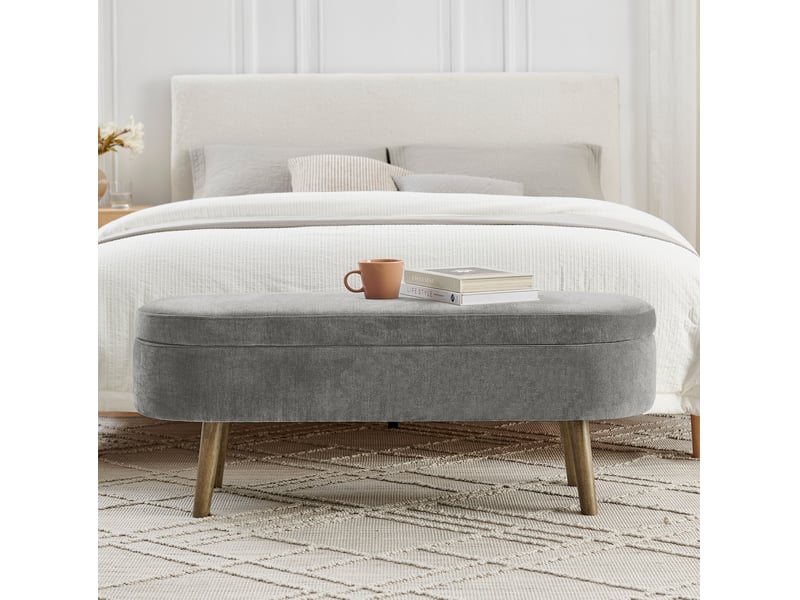  Banc de rangement 110x40x42 cm, coffre 20 l, pieds en bois, pour chambre et salon, assise tissu chenille, gris foncé  - Conforama D
