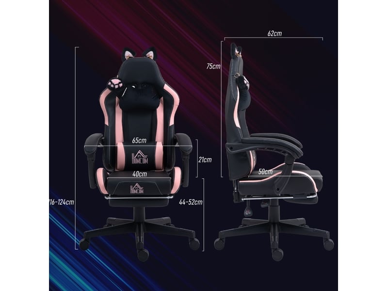  Fauteuil gaming avec oreilles de chat noir et rose, dossier inclinable et repose-pieds extensible  - Conforama C