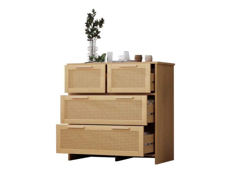  Buffet en rotin, armoire de rangement avec 4 tiroirs, commode avec poignées en bois massif, pour chambre à coucher, salon,80x38x80cm  - Conforama A