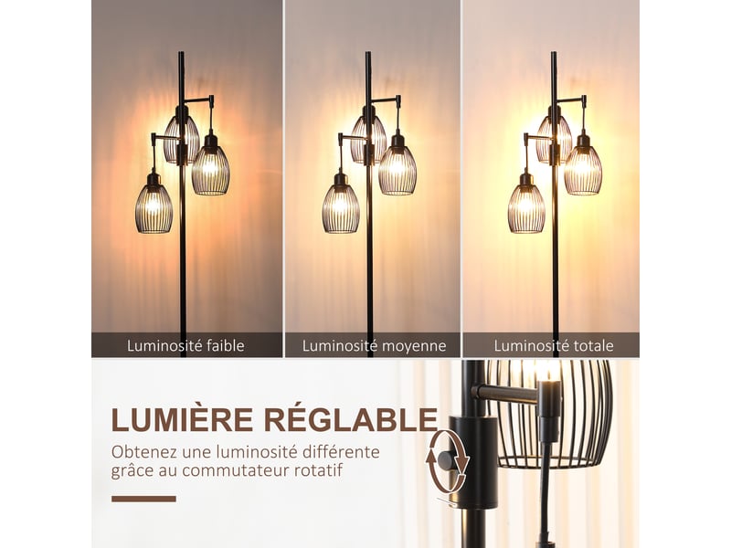  Lampadaire style industriel 40 w max. 3 abat-jours en métal filaire luminosité réglable - noir - ampoule e27  - Conforama D