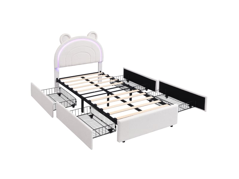  Lit enfant 90x200 cm avec 4 tiroirs et led,  en velours beige, sans matelas  - Conforama E