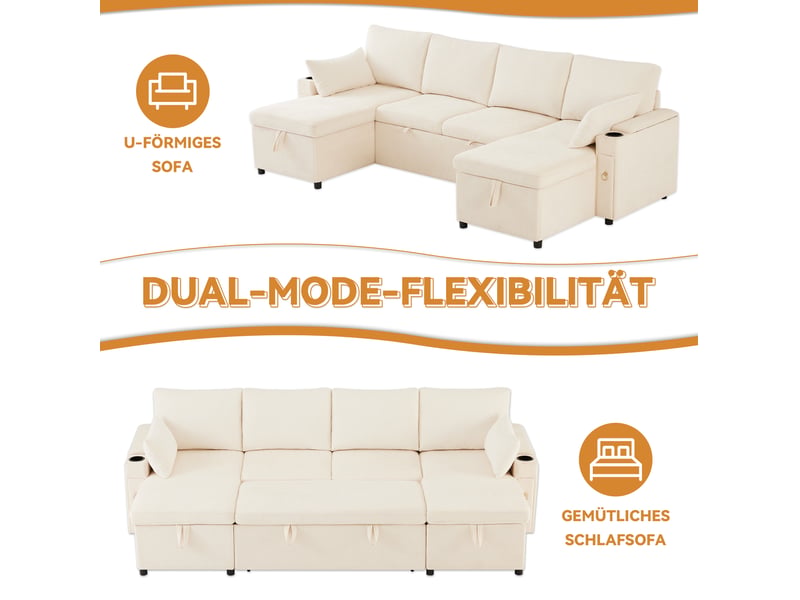 Canapé-lit modulable 4 places en u 272x131 cm – beige – rangement, couchage et porte-gobelets intégrés - Conforama E