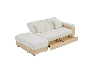 Canapé convertible 3 places, tissu chenille beige avec coffre de rangement, dossier réglable et tiroirs pour salon moderne, 217 cm